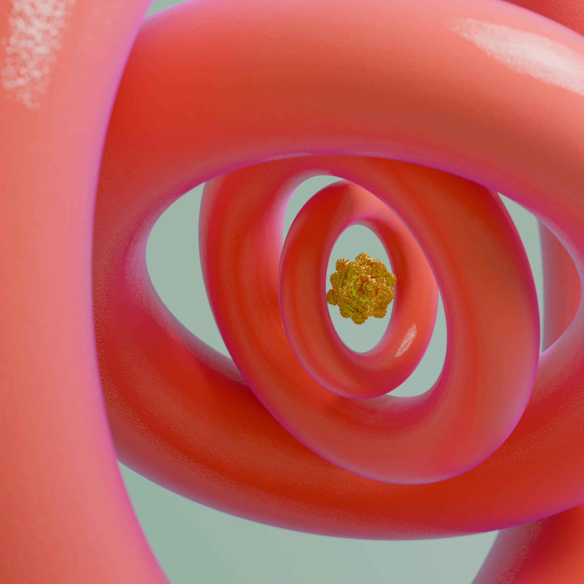 A golden fractal surrounded by flesh like torruses.