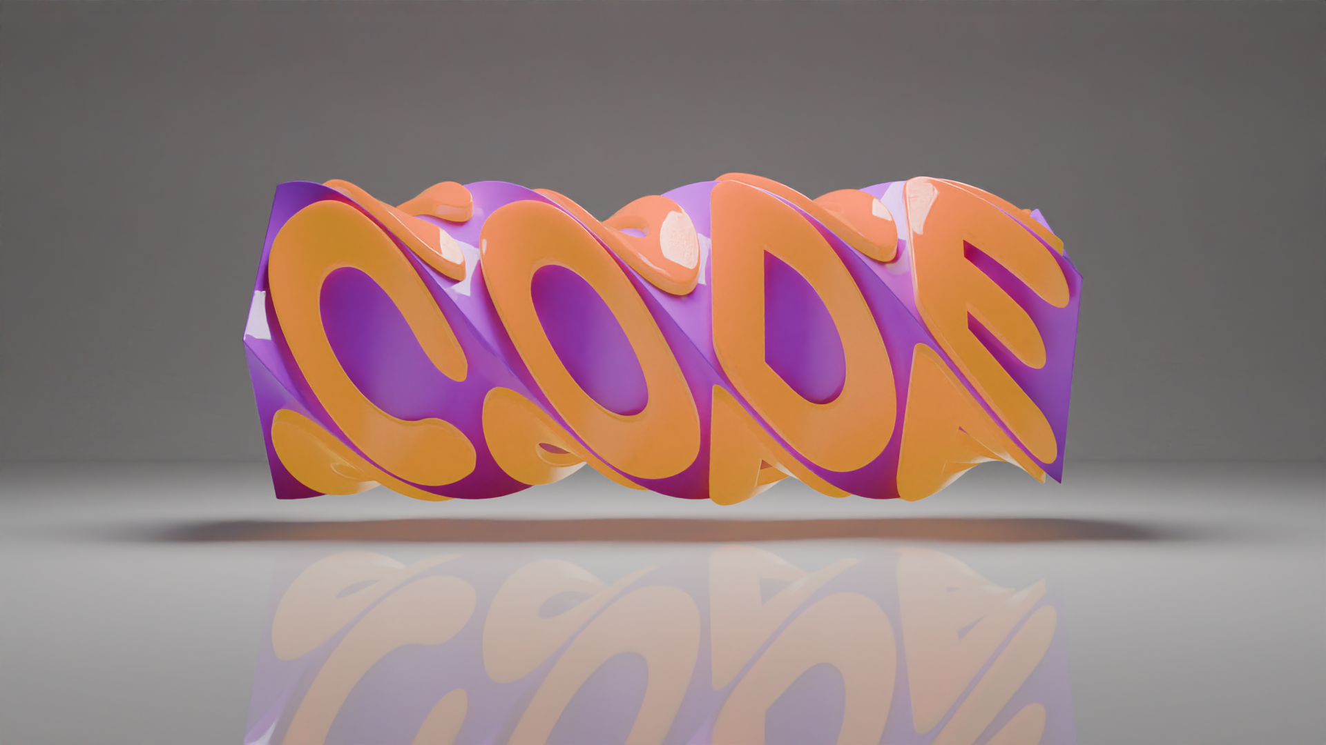 A rectanglar prism that is twisted on it's long axes with the word code on each of it's 4 big faces