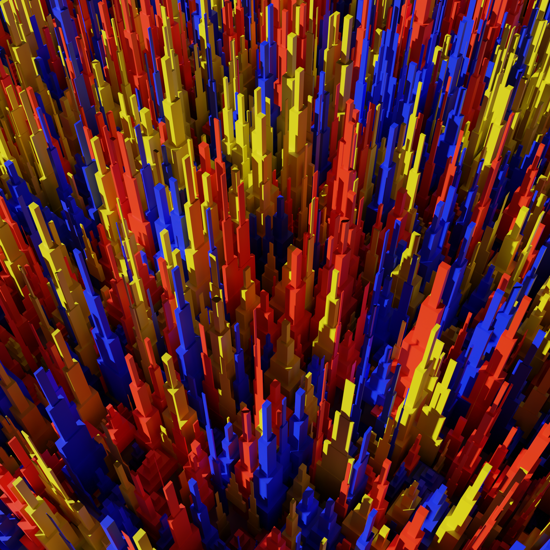Bright red, blue, yellow wooden towers forming a city