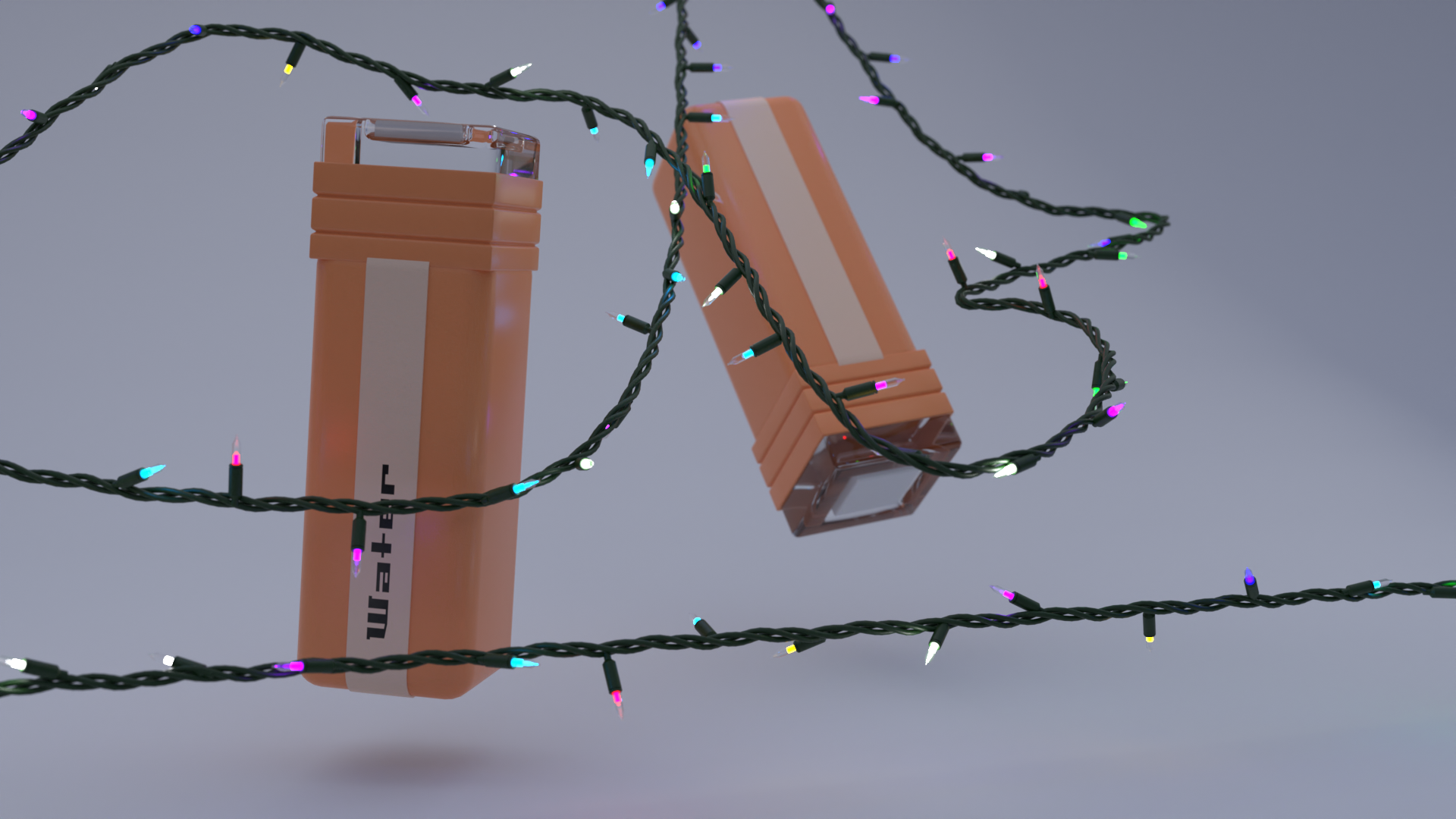 A custom water bottle with cristmas lights around it